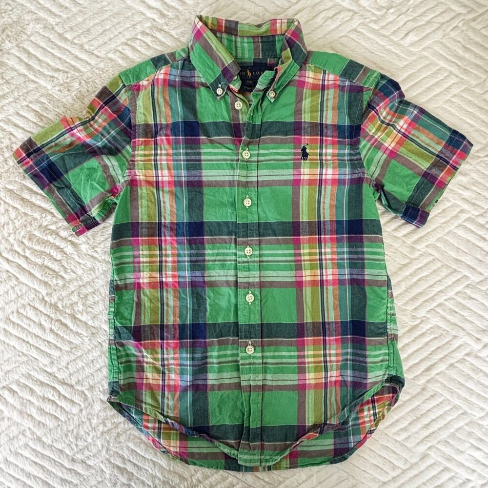 Ralph Lauren Boys Size 8 Green Plaid Button Front Shirt Pony Logo Cotton Top